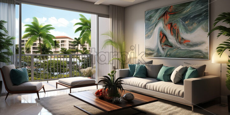 Modern house architecture in the city with clear glass sliding door in front of the lounge with bright ambience modern couch and balcony - Starpik Stock