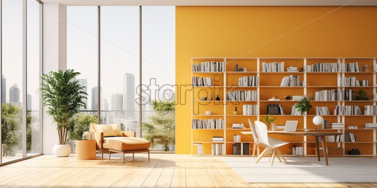 Modern house architecture in the city with clear glass wall and minimalist ambience classy furniture and indoor plants many ooks on a book shelves - Starpik Stock