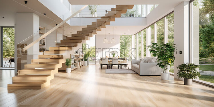 Modern house architecture in the city with clear glass wall and white and brown ambience clear glass wooden stair and indoor plants  - Starpik Stock