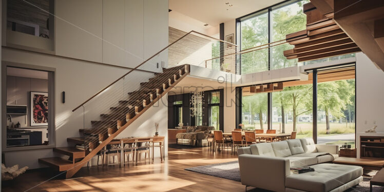 Modern house architecture in the city with clear glass wall in the lounge and dining table with bright ambience cozy couch and wood stair and wood second floor - Starpik Stock