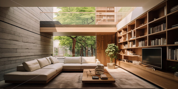 Modern house architecture in the city with clear glass wall in the lounge and  second floor on a bright ambience cozy couch in front of the book shelves - Starpik Stock