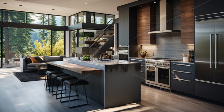 Modern house architecture in the country side with clear glass wall and dark gray ambience in a minimalist theme with a  classy couch and dining counter in their kitchen - Starpik Stock