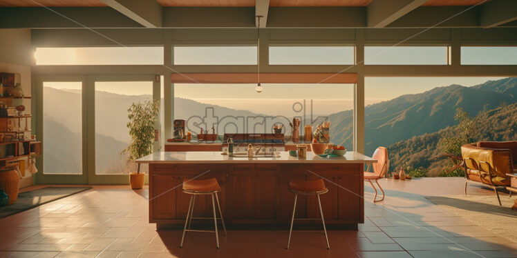 Modern house architecture in the country side with clear glass wall in front of the dining table and kitchen with brown ambience and indoor plants  - Starpik Stock