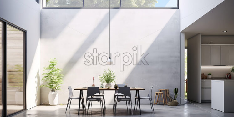 Modern house architecture in the country side with clear glass wall in the second flour and sliding door in the kitchen with gray dining table and white kitchen counter with minimalist ambience - Starpik Stock