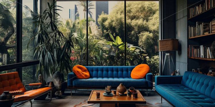 Modern house in the city and a cozy lounge and a cozy couch with clear glass wall, book shelves in a elegant ambience with indoor plants - Starpik Stock