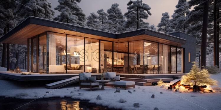 Modern house winter season on background - Starpik Stock