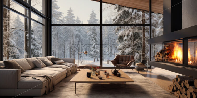 Modern house winter season on background - Starpik Stock