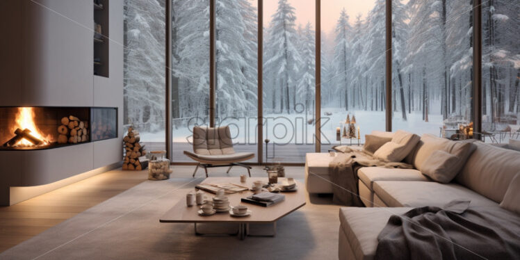 Modern house winter season on background - Starpik Stock