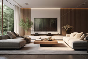 Modern interior of a house with large TV - Starpik Stock