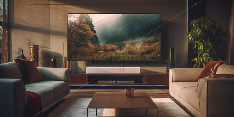Modern interior of a house with large TV - Starpik Stock