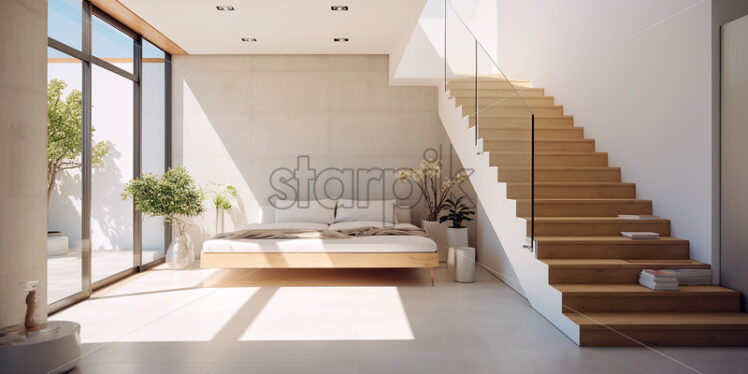 Modern lounge in the city and wooden and glass stairs with veranda and indoor plants - Starpik Stock