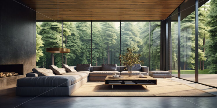 Modern lounge in the country side and clear glass wall with indoor plants and wood heating for winter - Starpik Stock