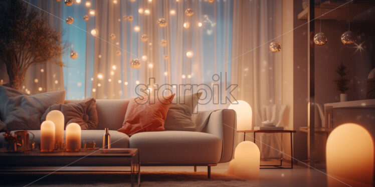 Modern luxury living room at sunset - Starpik Stock