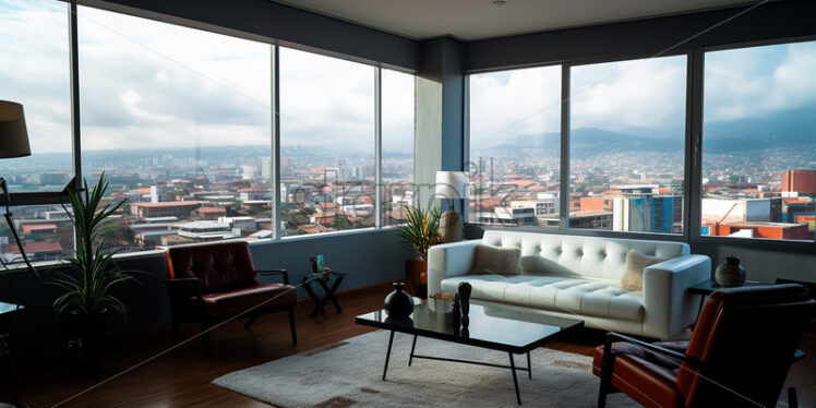 Modern office in the city overlooking city in clear glass with some indoor plants - Starpik Stock