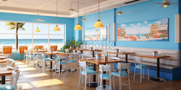 Modern restaurant in the beach side with  cozy table and chair neat and bright ambience - Starpik Stock