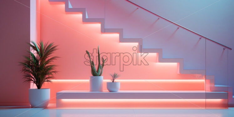 Modern stairs with neon light peach colours - Starpik Stock