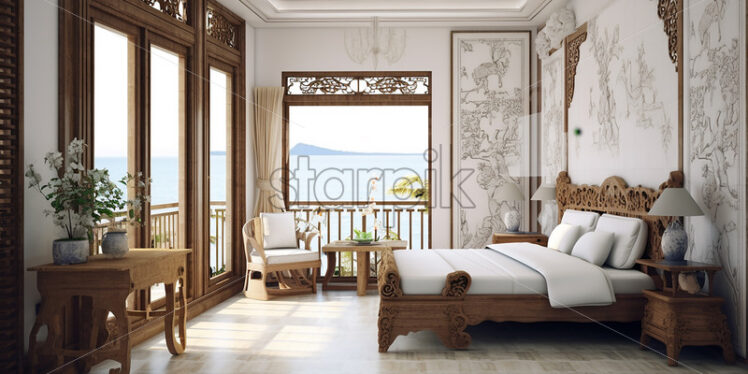 Modern vacation house in a beach side a classic bedroom with balcony, antique wood design in the furniture classy bedframe in a white and antique theme - Starpik Stock