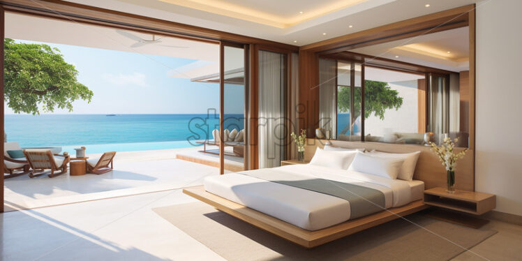 Modern vacation house in a beach side a wooden bedroom with balcony, beach chair, big mirror in the headboard and classy bedframe in a white and wood theme - Starpik Stock