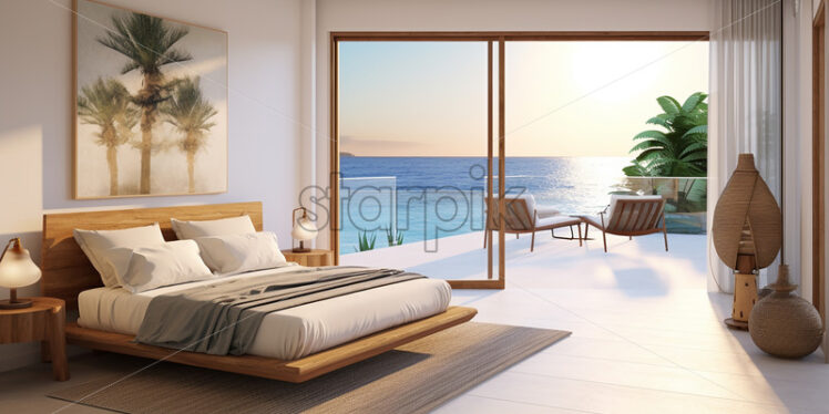 Modern vacation house in a beach side a wooden bedroom with balcony, rattan accessories and classy bedframe - Starpik Stock