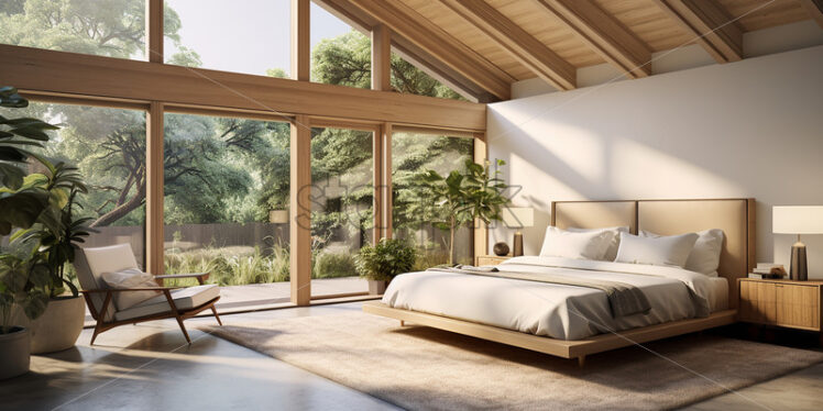 Modern vacation house in a country side a wooden bedroom with balcony, clear glass wall, indoor plants and a classy bedframe with neat but cozy ambience - Starpik Stock