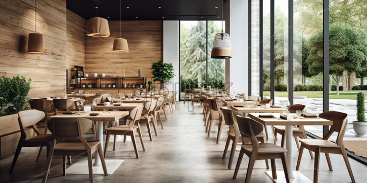 Modern wooden Cafe in the city with clear glass wall and classic wood table and chair with indoor plants - Starpik Stock