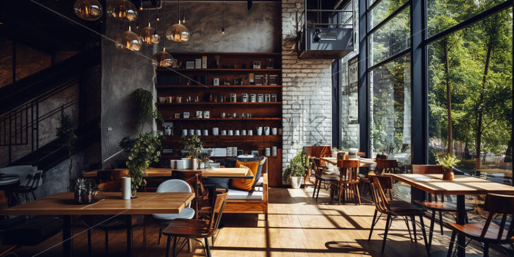 Modern wooden Cafe in the city with clear glass wall and classic wood table and chair with indoor plants - Starpik Stock