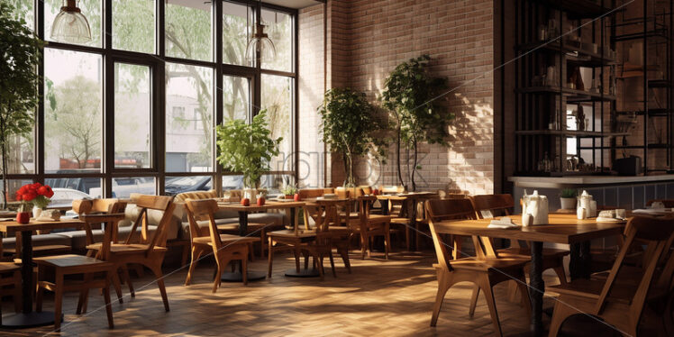 Modern wooden Cafe in the city with clear glass wall and classic wood table and chair with indoor plants and an elegant ambience with aesthetic theme  - Starpik Stock