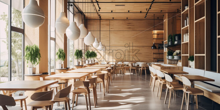 Modern wooden Cafe in the city with clear glass wall and classic wood table and chair with indoor plants and an elegant ambience with aesthetic theme - Starpik Stock