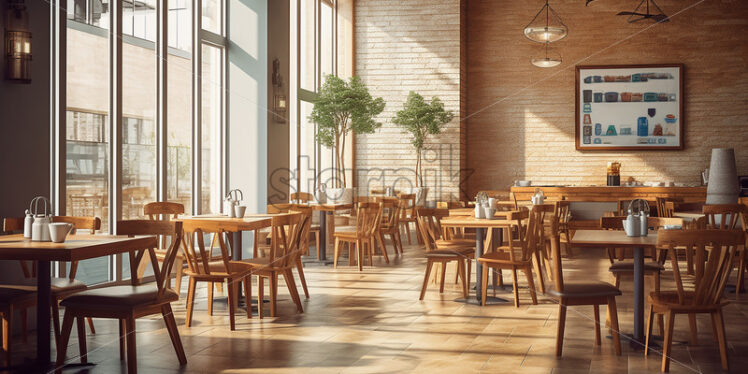 Modern wooden Cafe in the city with clear glass wall and classic wood table and chair with indoor plants and an elegant ambience with aesthetic theme - Starpik Stock