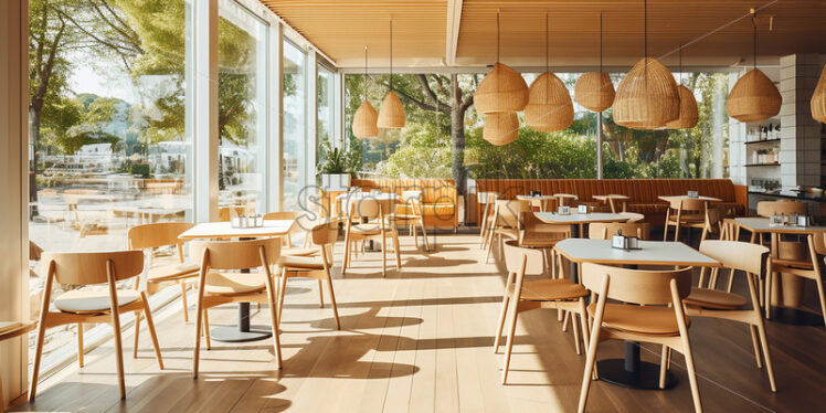 Modern wooden Cafe in the city with clear glass wall and classic wood table and chair with indoor plants and an elegant vibes  - Starpik Stock