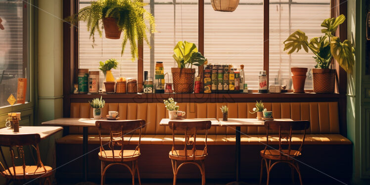 Modern wooden Cafe in the city with clear glass window and classic wood table and chair - Starpik Stock