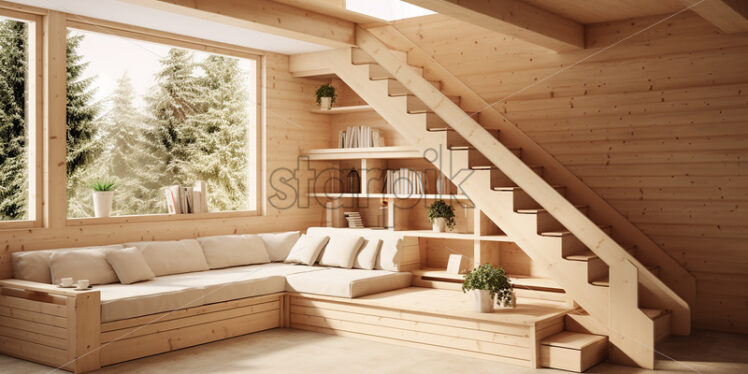 Modern wooden house architecture in the country side and a cozy wooden couch with mini book shelves, wooden stair and indoor plant in a minimalist vibes  - Starpik Stock