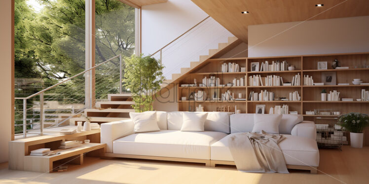 Modern wooden house in the country side and a clear glass wall in a white and wood theme and a cozy couch with wooden book - Starpik Stock