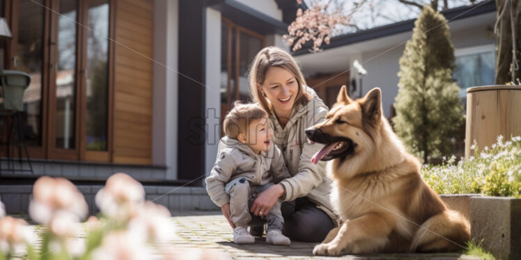 Mother and son playing outdoors with their dog. Family time - Starpik Stock