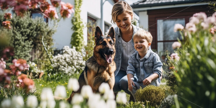 Mother and son playing outdoors with their dog. Family time - Starpik Stock