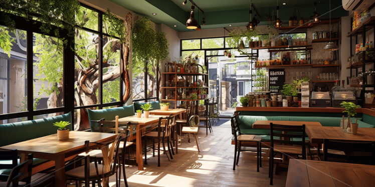 Nature friendly Cafe architecture in the city with modern couch and wooden table and chair with indoor plants - Starpik Stock