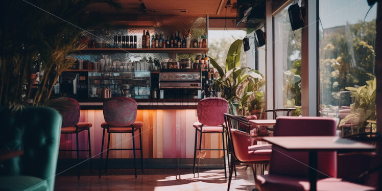 Nature friendly Cafe architecture in the city with rose gold chair and counter chair with indoor plants - Starpik Stock