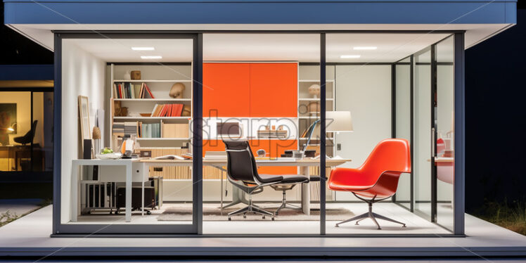 Office in the city with book shelves and computer table - Starpik Stock