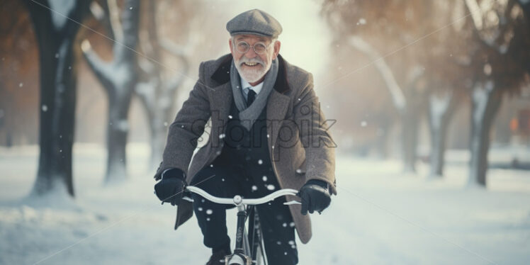 Old Man riding a bicycle winter time in the park - Starpik Stock