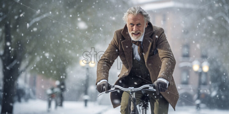 Old Man riding a bicycle winter time in the park - Starpik Stock