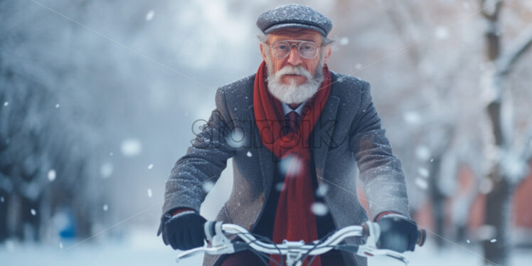 Old Man riding a bicycle winter time in the park - Starpik Stock