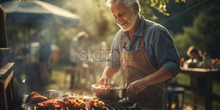 Old grandfather cooking grill meat for family picnics outdoors - Starpik Stock