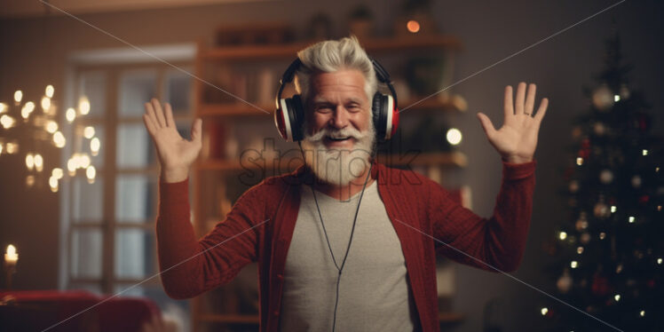 Old man listening to music headphones - Starpik Stock