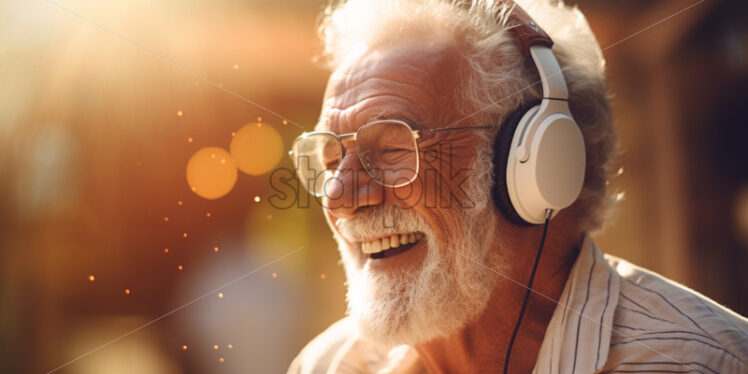 Old man listening to music in the apartment - Starpik Stock