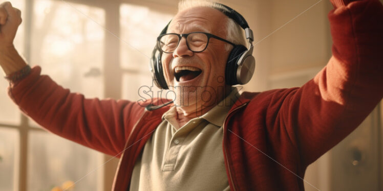 Old man listening to music in the apartment - Starpik Stock