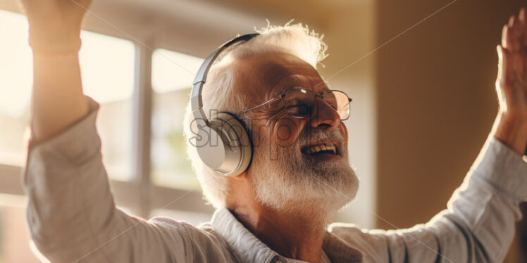 Old man listening to music in the apartment - Starpik Stock