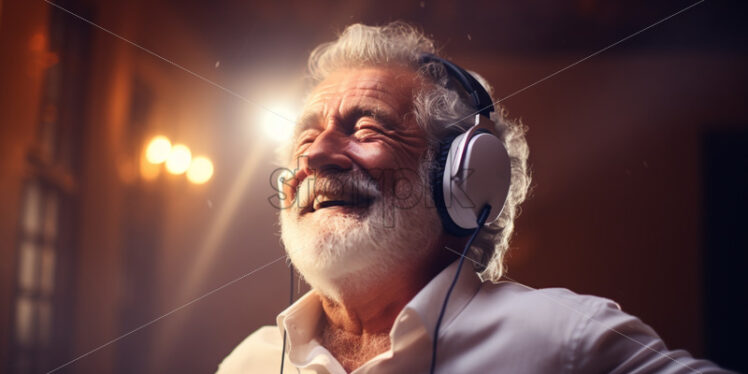 Old man listening to music in the apartment - Starpik Stock