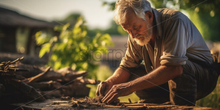 Old man working with wood at his farm - Starpik Stock