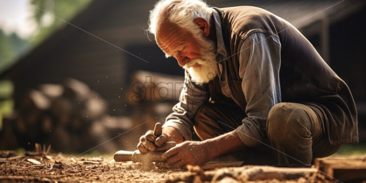 Old man working with wood in his farm - Starpik Stock