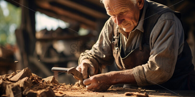 Old man working with wood in his farm - Starpik Stock